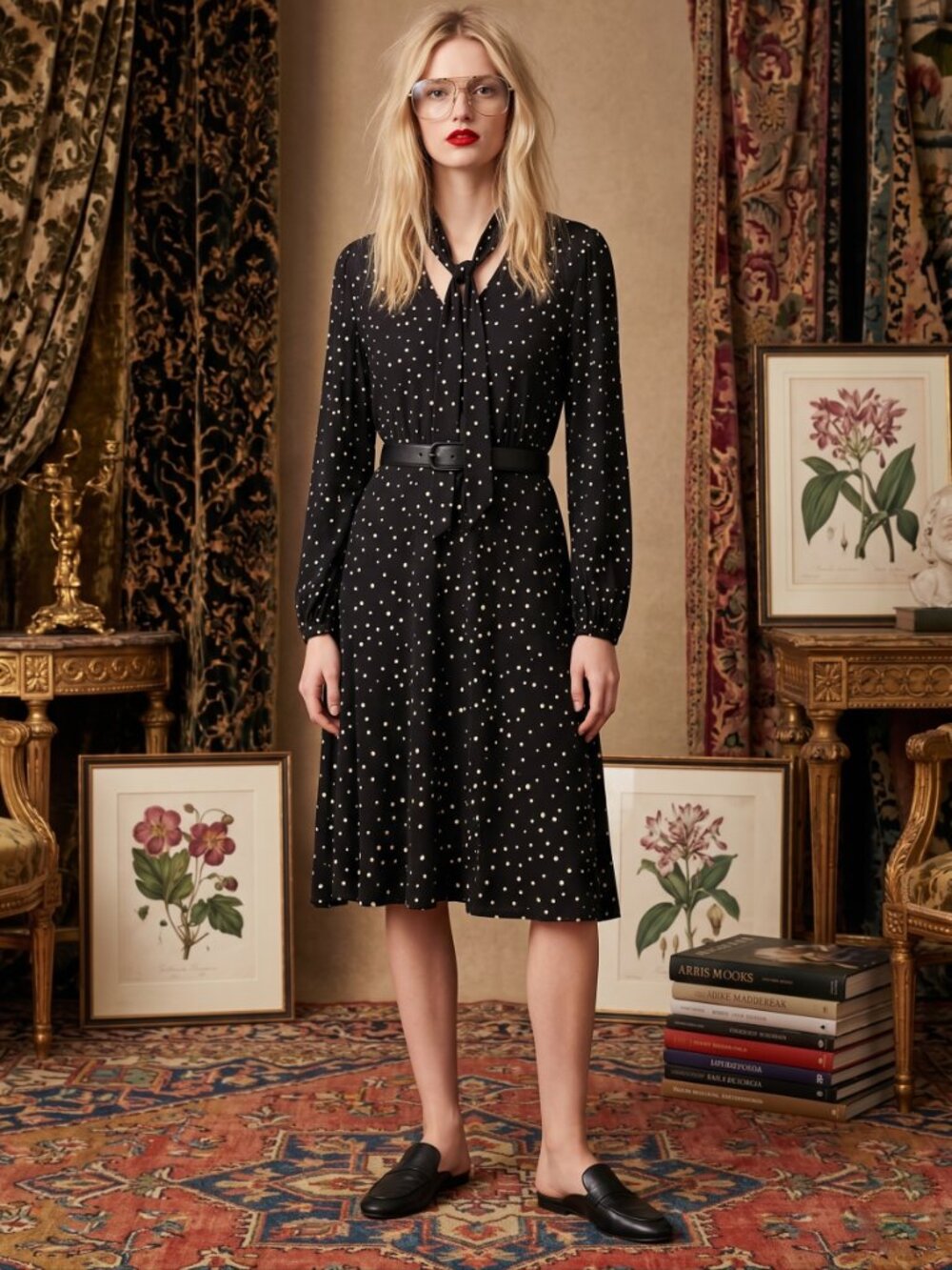 Black Polka Dot Viscose Tie Neck Dress M&S Collection